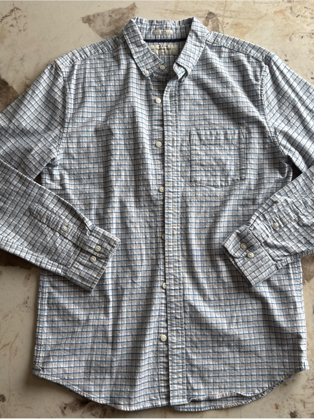 Men's Blue and White Windowpane Casual Button-Down Shirt